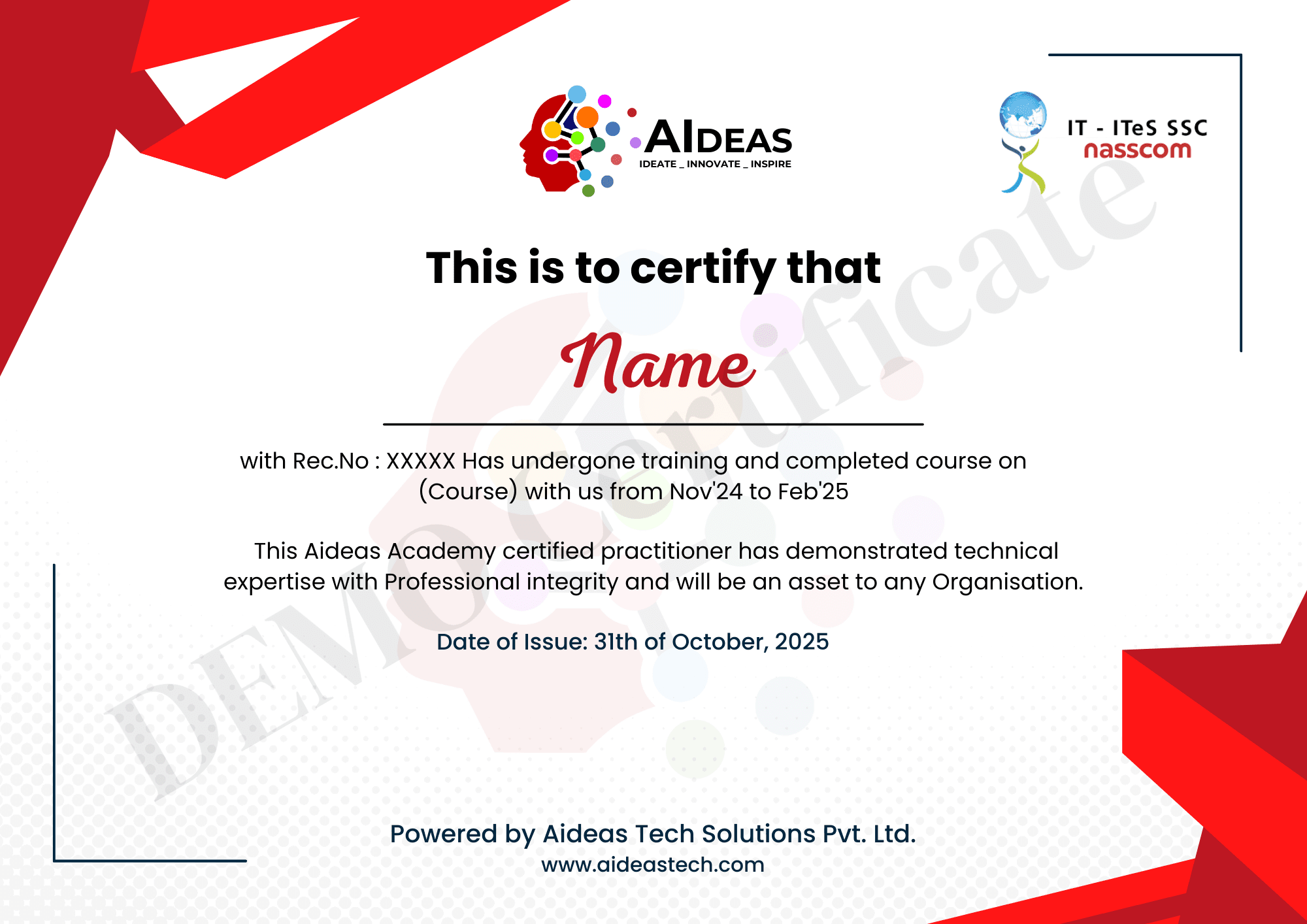 Aideas Academy Professional Course Completion Certificate